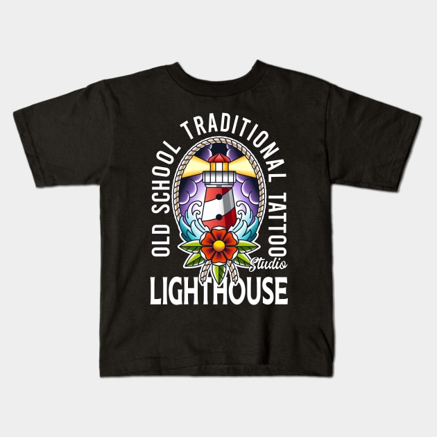 old school traditional tattoo light house Kids T-Shirt by KANDIM'S Studio